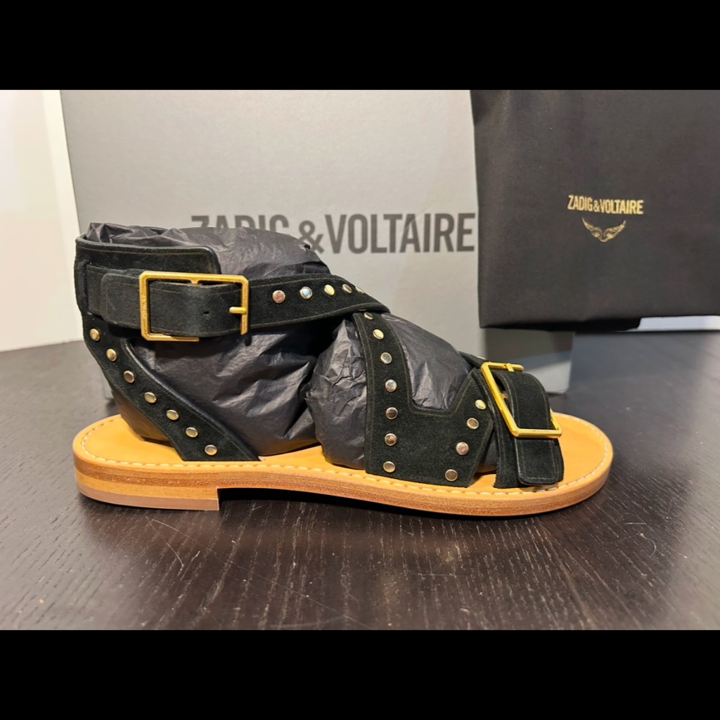 Zadig & Voltaire Cecilia Studs Caprese Suede Sandals Black, Gold Size Eu 37/Us 6
